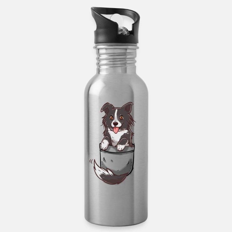 Chien de poche mignon border collie - Gourde avec paille intégrée - argent clair