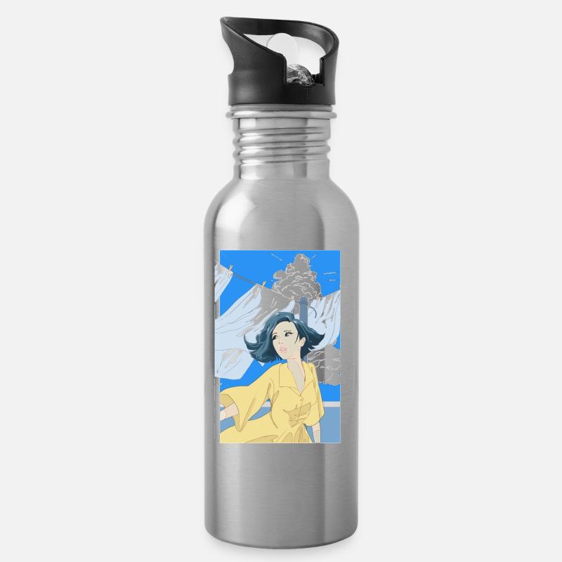 Frau mit gelben Kleid - Trinkflasche mit integriertem Trinkhalm - Lightsilver