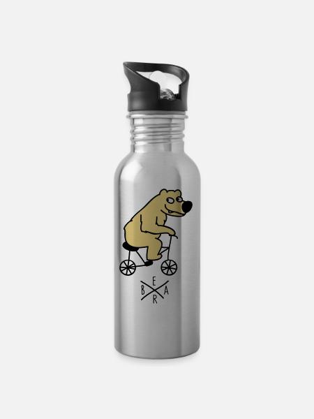 Bär fährt Fahrrad - Trinkflasche mit integriertem Trinkhalm - Lightsilver
