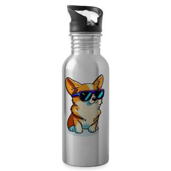 Corgi Dog Sunglasses Manga Cartoon Drawn - Water bottle with straw - silver - Right