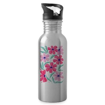 Floral Decor in Pink. Customizable - Water bottle with straw - silver - Right