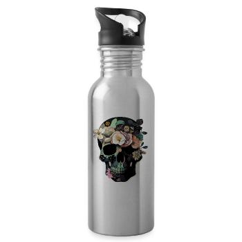 Human Skull & Flowers 37 - Water bottle with straw - silver - Right
