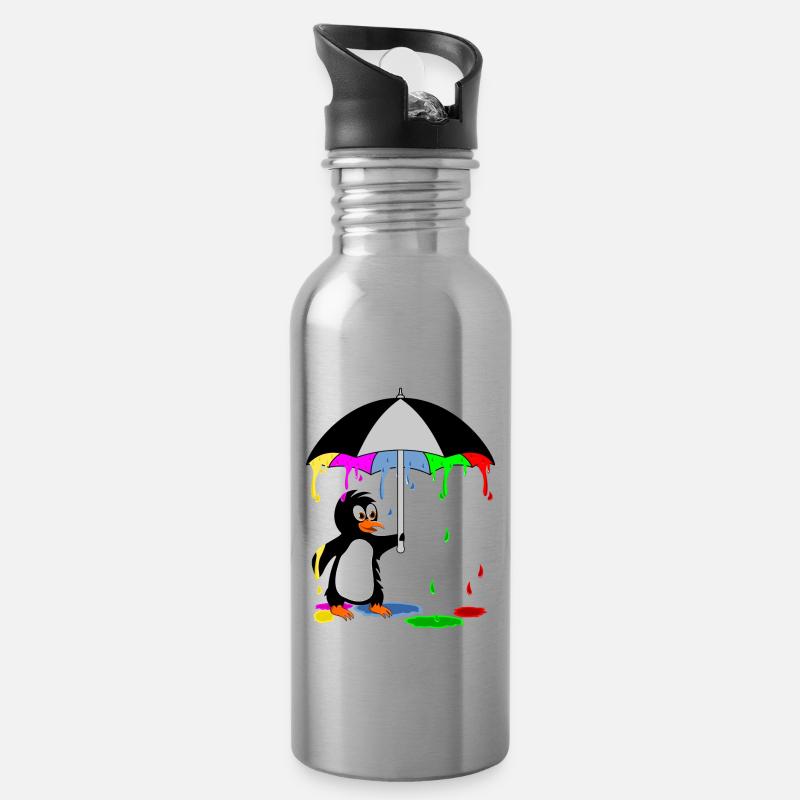 Bunter Pinguin - Trinkflasche mit integriertem Trinkhalm - Lightsilver