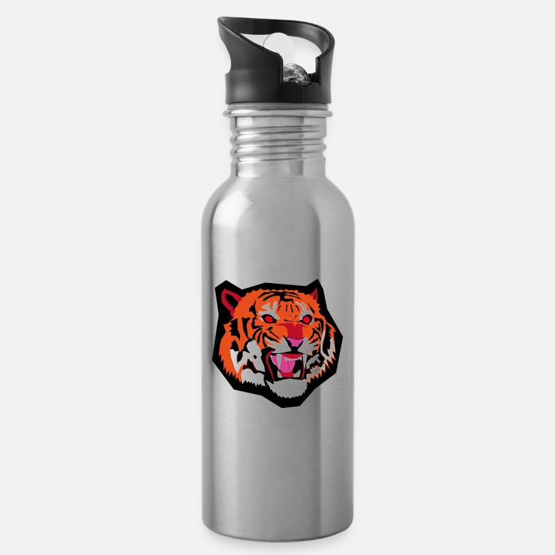 Tigerkopf - Trinkflasche mit integriertem Trinkhalm - Lightsilver