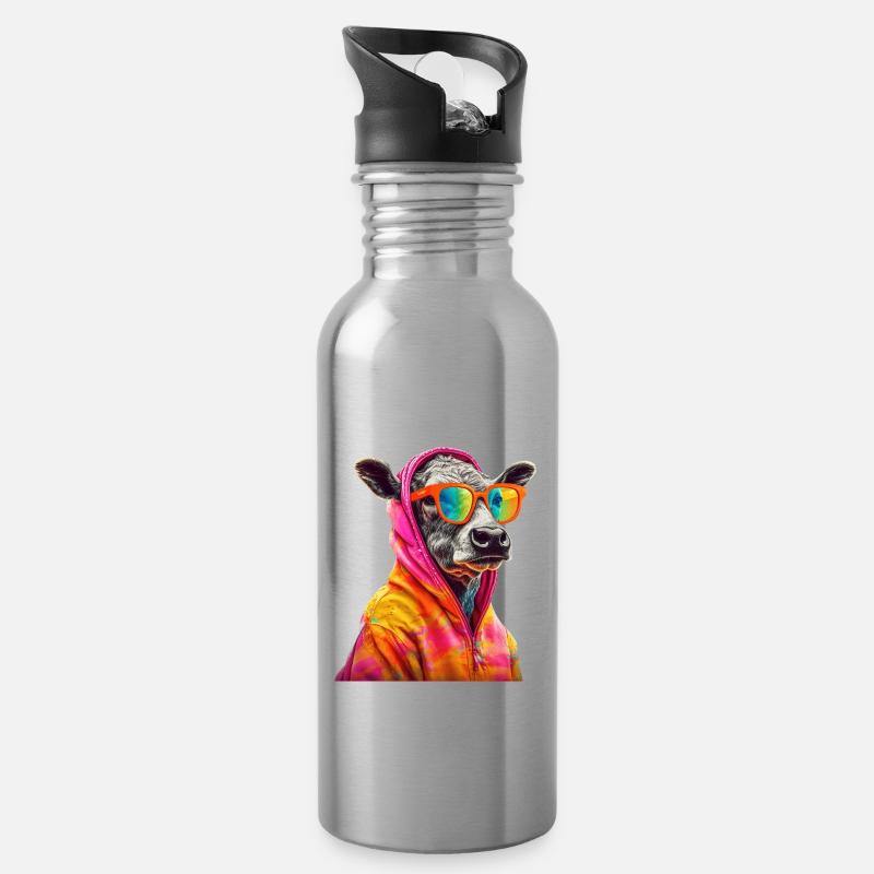 Kuh mit Sonnenbrille Bunt Coole Kühe Landwirt - Trinkflasche mit integriertem Trinkhalm - Lightsilver