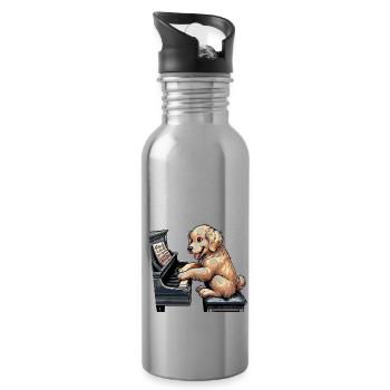 Golden Retriever Playing Piano - Water bottle with straw - silver - Right