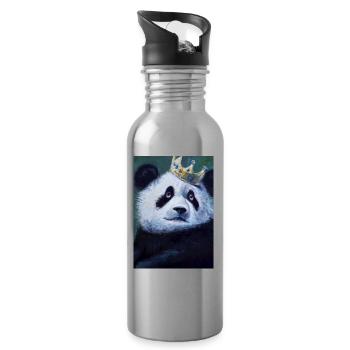 Panda with Crown Oil Painting - Water bottle with straw - silver - Right