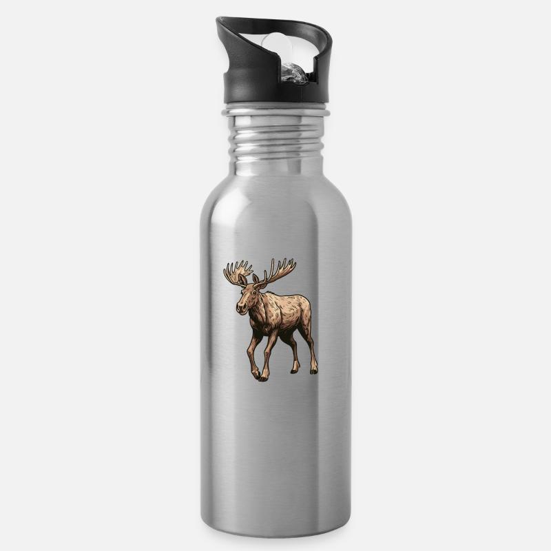 Elch Tier - Trinkflasche mit integriertem Trinkhalm - Lightsilver
