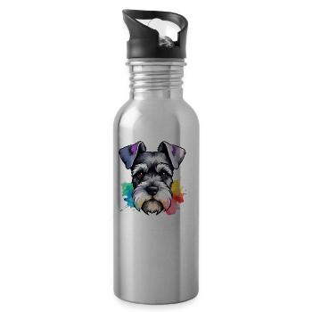Miniature Schnauzer Dog Colorful in Watercolors - Water bottle with straw - silver - Right