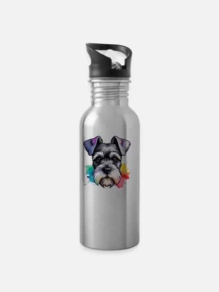 Miniatur Schnauzer Hund bunt in Aquarellfarben - Trinkflasche mit integriertem Trinkhalm - Lightsilver