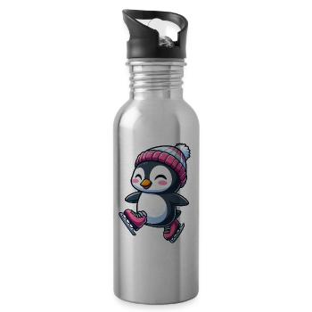 Cute Cartoon Penguin Skating Figure Skating - Water bottle with straw - silver - Right
