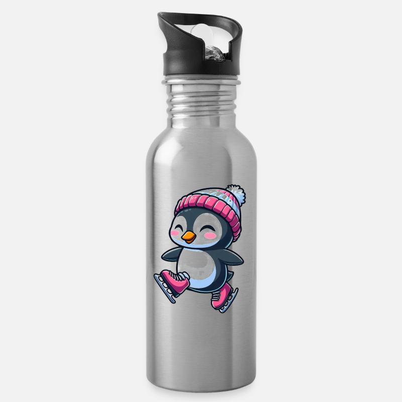 Süßer Cartoon Pinguin Eislaufen Eiskunstlauf - Trinkflasche mit integriertem Trinkhalm - Lightsilver
