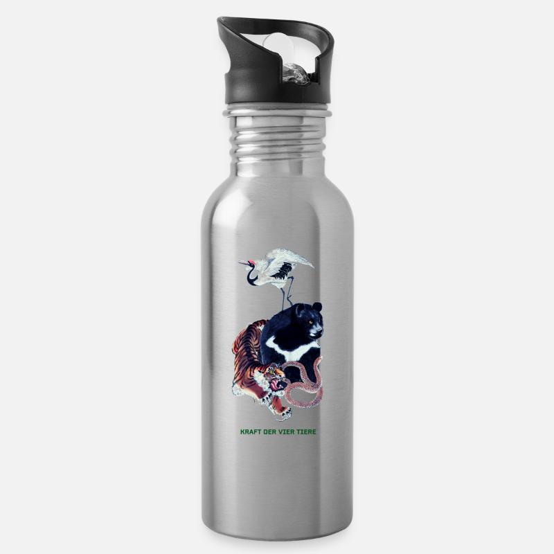 Long Ping - Bär, Kranich, Tiger, Schlange - Trinkflasche mit integriertem Trinkhalm - Lightsilver
