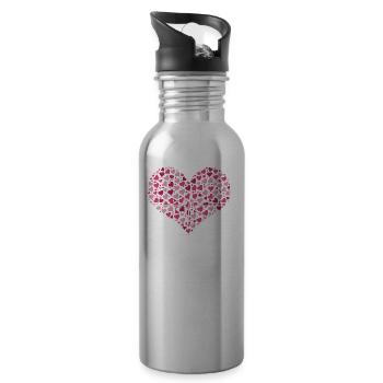 Heart line in the heart with heart in pink white - Water bottle with straw - silver - Right