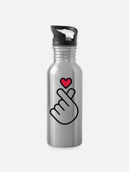 K-pop heart, Korea K pop music symbol, finger, hand - Water bottle with straw - silver