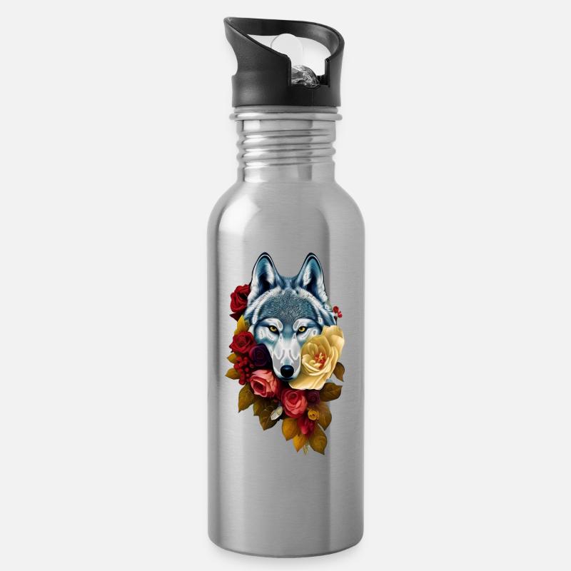 Wolf - Water bottle with straw - silver