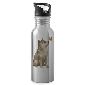 Shiba Inu mit Schmetterling Vintage Art - Trinkflasche mit integriertem Trinkhalm - Lightsilver - Rechts