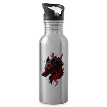 Black and Red Wolf Head with White Magic Symbols - Water bottle with straw - silver - Right