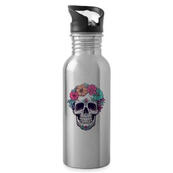 Human Skull & Flowers 31 - Water bottle with straw - silver - Right