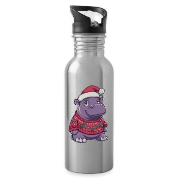 Nilpferd Weihnachten Comic - Trinkflasche mit integriertem Trinkhalm - Lightsilver - Rechts