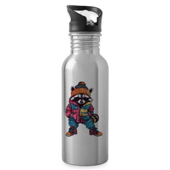 Raccoon Funny Winter - Water bottle with straw - silver - Right