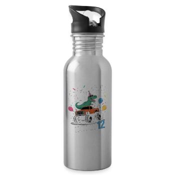 12th Birthday 12 Years Dino Monster Truck Fan - Water bottle with straw - silver - Right