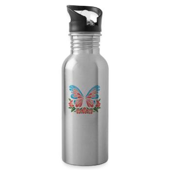 Butterfly Flowers - Water bottle with straw - silver - Right