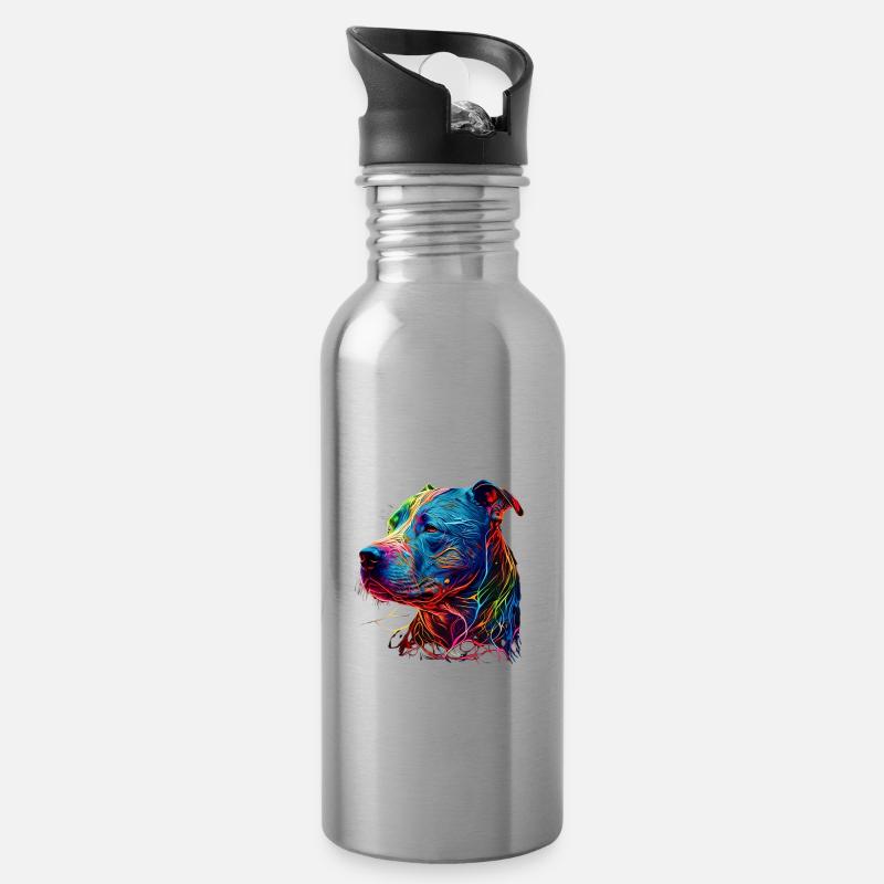 Idée fan chien tête pitbull coloré mandala - Gourde avec paille intégrée - argent clair