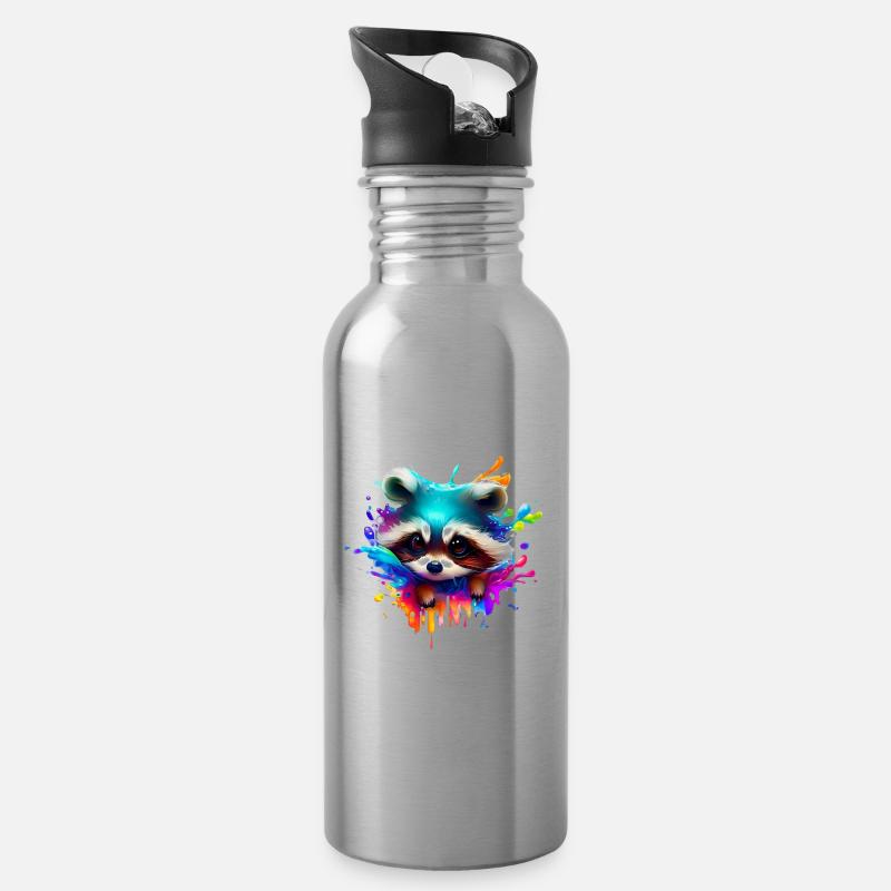 Bunter Waschbär mit Farbklecksen - Trinkflasche mit integriertem Trinkhalm - Lightsilver
