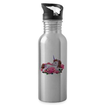 Licorne dans les roses - Gourde avec paille intégrée - argent clair - Droite