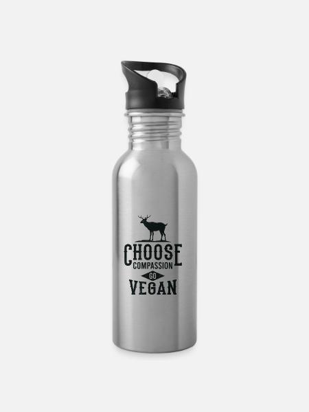 GO VEGAN Vegetarian Gift For Vegans - Water bottle with straw - silver