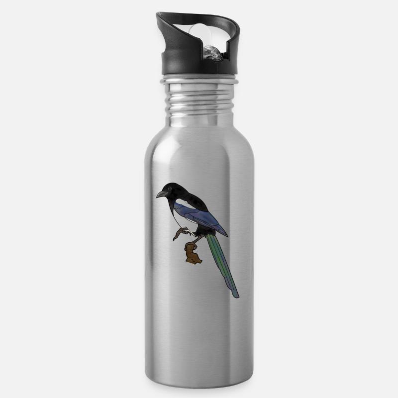 Elster, Rabe, Vogel - Trinkflasche mit integriertem Trinkhalm - Lightsilver
