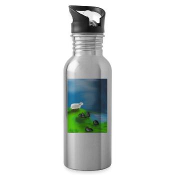 Sheep on rocks in front of the water - Water bottle with straw - silver - Right