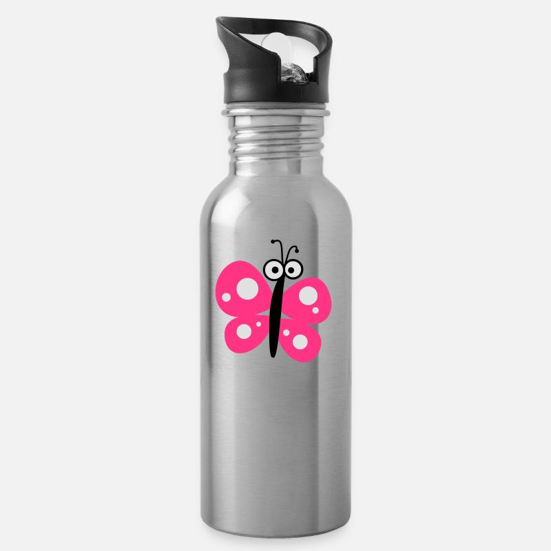 Schmetterling pink - Trinkflasche mit integriertem Trinkhalm - Lightsilver