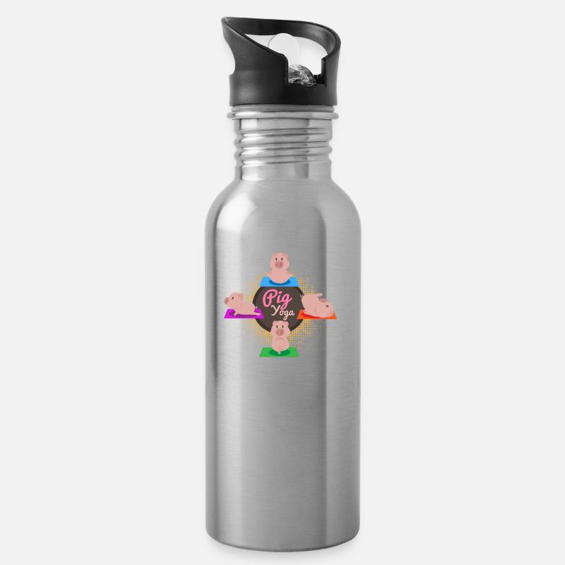 Pig Yoga Funny - Gift Idea - Water bottle with straw - silver