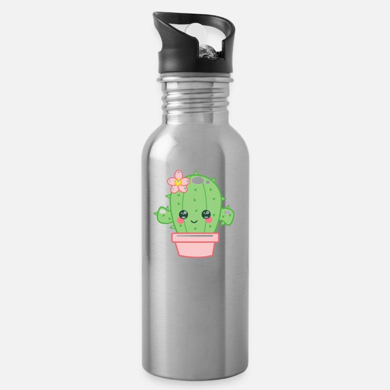 Kaktus Kawaii - Trinkflasche mit integriertem Trinkhalm - Lightsilver