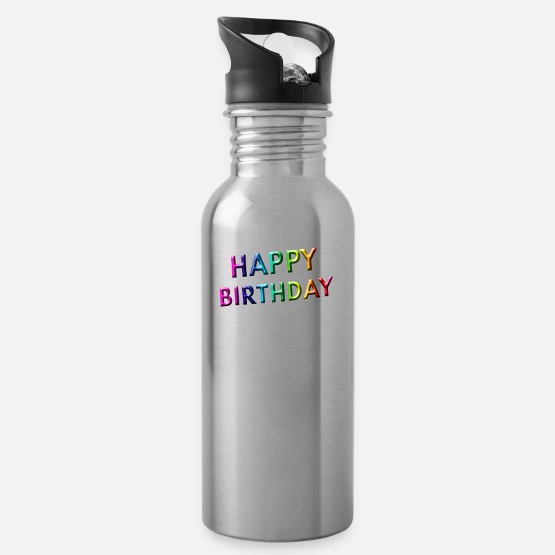 Happy Birthday - Trinkflasche mit integriertem Trinkhalm - Lightsilver