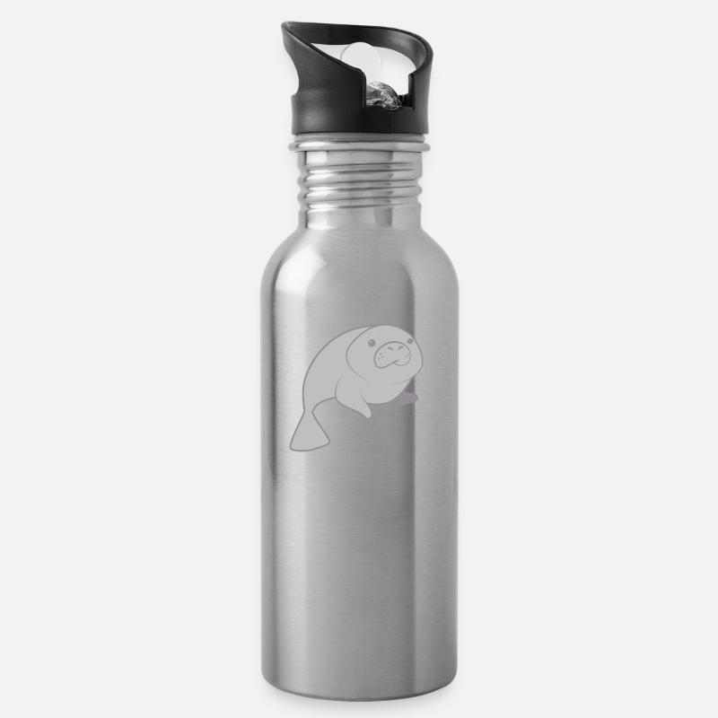 Cute round manatee - Water bottle with straw - silver
