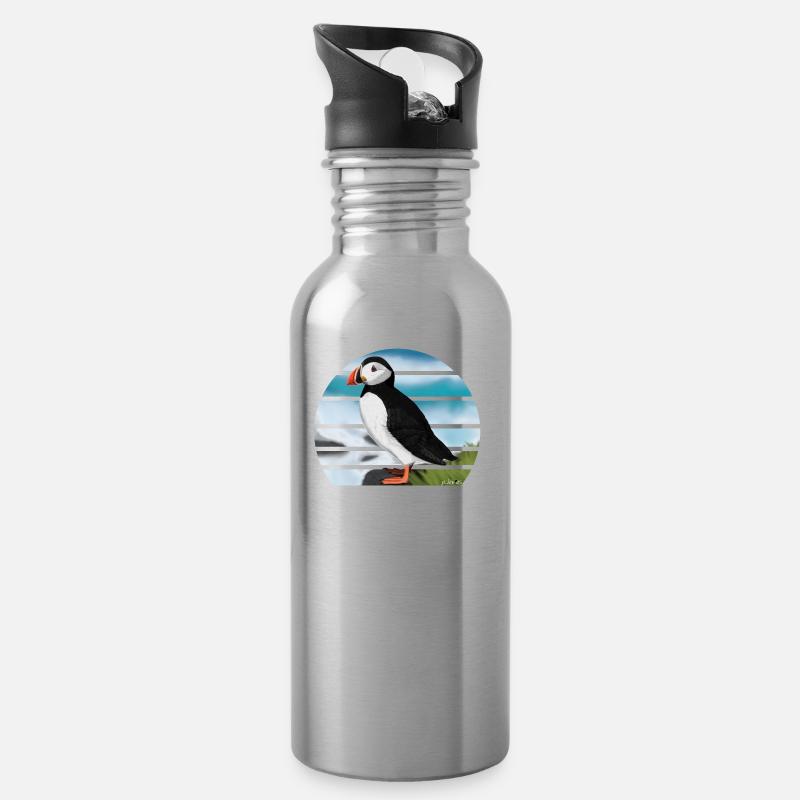 Gemalter Papageitaucher Vogel Design Illustration - Trinkflasche mit integriertem Trinkhalm - Lightsilver