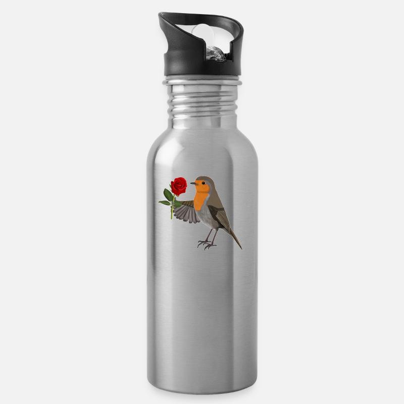 Robin avec motif oiseau rose rouge - Gourde avec paille intégrée - argent clair