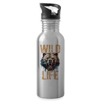 Bear Grizzly Bear Roars Bear Head Nature Wilderness Wild - Water bottle with straw - silver - Right