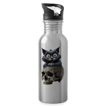 Eine mysteriöse Katze, stattlich auf einem Totenkopf sitzend - Trinkflasche mit integriertem Trinkhalm - Lightsilver - Rechts
