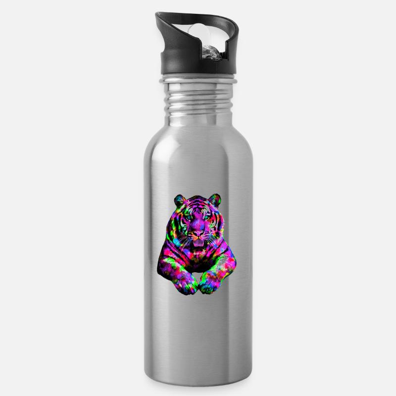 Tiger bunt Regenbogen - Trinkflasche mit integriertem Trinkhalm - Lightsilver