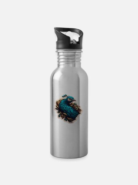 Blauer Pfau Federpracht - Trinkflasche mit integriertem Trinkhalm - Lightsilver