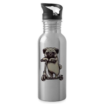 Funny Pug on Scooter Comic Cartoon - Water bottle with straw - silver - Right