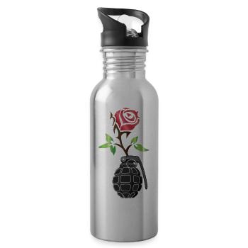 Hand Grenade with Flower - Rose - Water bottle with straw - silver - Right
