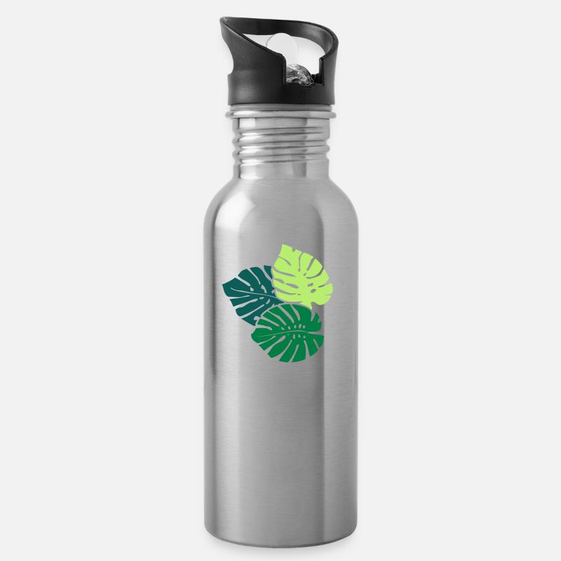 Drei Monstera Blätter / Three Monstera Leaves (3c) - Trinkflasche mit integriertem Trinkhalm - Lightsilver