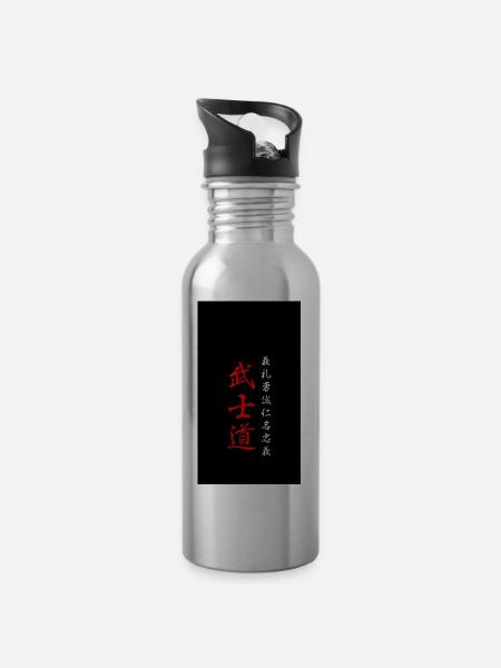 Bushido-Code Samurai Kanji Schwarz - Trinkflasche mit integriertem Trinkhalm - Lightsilver