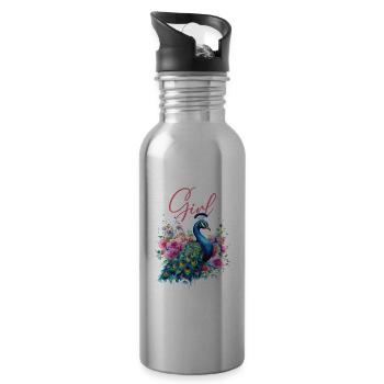 Pfau Blumen Pfauenfeder Exotisch Farbenfroh Bunt - Trinkflasche mit integriertem Trinkhalm - Lightsilver - Rechts
