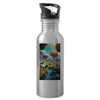 Kühe und Heissluftballons - Trinkflasche mit integriertem Trinkhalm - Lightsilver - Rechts
